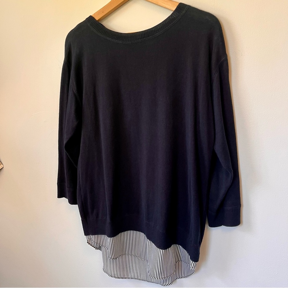 Market & Spruce Navy Blue & Stripe Mock-Layered Knit Crewneck Sweater, Size M - Picture 2 of 10